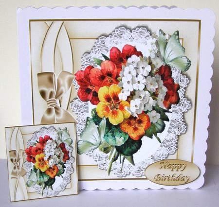 Pretty Summer Bouquet of Flowers on Lace with Bow 8x8 by Margaret McCartney