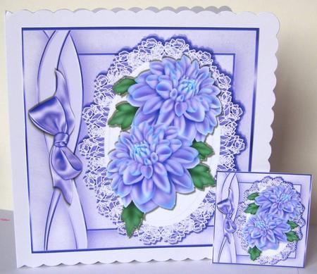 Pretty Lilac Chrysthanthemums on Lace with Bow 8x8 by Margaret McCartney