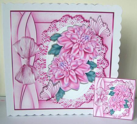 Pretty Pink Chrysthanthemums on Lace with Bow 8x8 by Margaret McCartney