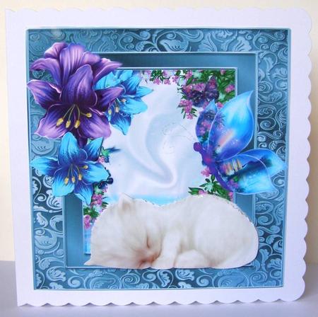 Sleepy White Kitten Among the Fantasy Flowers 8x8 by Margaret McCartney