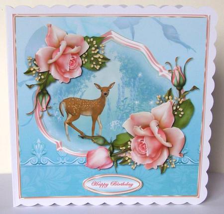 Deer and Pink Roses on Blue Card Front by Margaret McCartney