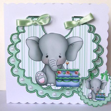 Baby Elephant with Birthday Cake on Green Stripe Bib by Margaret McCartney