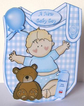 Baby Boy with His Teddy and Bottle on Bib with Bow by Margaret McCartney