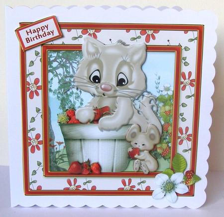Cat and Mouse Find Strawberries Card Front by Margaret McCartney
