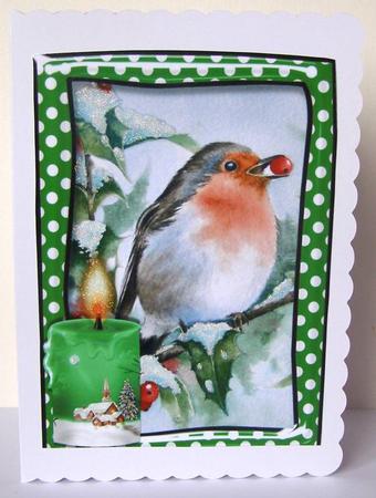 A Lovely Robin with Red Berries in the Snow with Candle A4 by Margaret McCartney
