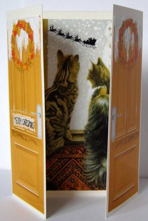 Cute Puddicats Looking at Santa, Gatefold by Margaret McCartney
