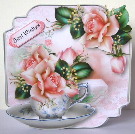 Teacup, Saucer & Downton Roses - Shaped Topper by Margaret McCartney
