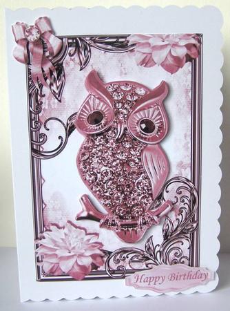 Pink Sparkle Owl with Flowers in Ornate Frame by Margaret McCartney