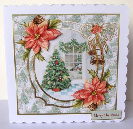 Christmas Tree and Poinsettias 7x7 Card by Margaret McCartney