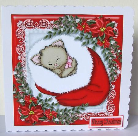 Snuggled Up Cat in Santa Hat 8x8 by Margaret McCartney