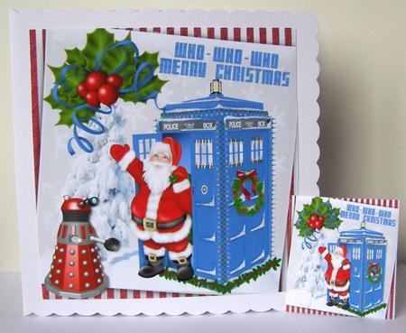 Santa Who! in His Tardis in Snow with Dalek 8x8 by Margaret McCartney