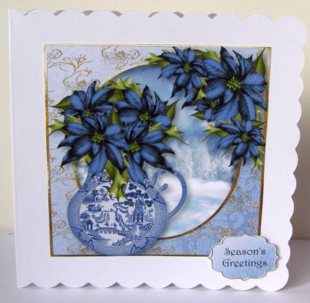Willow Pattern Poinsettias 8x8 Quick Topper by Margaret McCartney