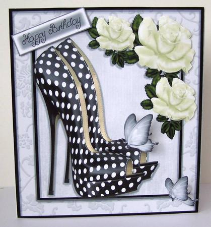 Beautiful Black Polka Dot Shoe with Cream Rose 8x8 by Margaret McCartney