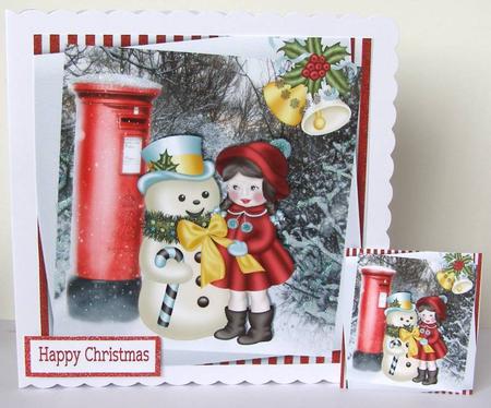 Little Girl with Snowman in Snow Scene 8x8 by Margaret McCartney