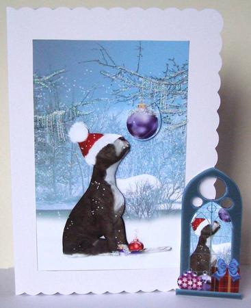 Staffordshire Bull Terrier Christmas Card by Margaret McCartney