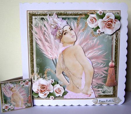 Pink Feathers Art Deco Lady Card Front Kit by Margaret McCartney
