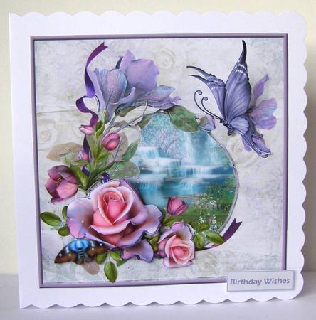 Waterfall, Rose and Butterfly 7x7 Card with Decoupage by Margaret McCartney