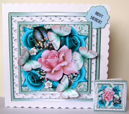 Beautiful Teal and Pink Rose Flutters Card Front Kit by Margaret McCartney