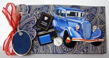 Blue Paisley, Gift Envelope with Car and Motorbike Decoupage by Margaret McCartney