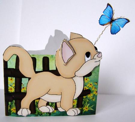 Ginger Kitten Chasing Wobbly Butterfly - Cut & Fold 3D Card by Margaret McCartney