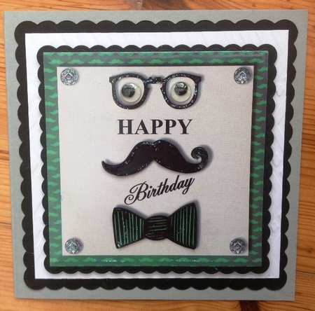 Male birthday card with glasses, moustache and bowtie topper for 6 x 6 card by Margaret Mountstephens