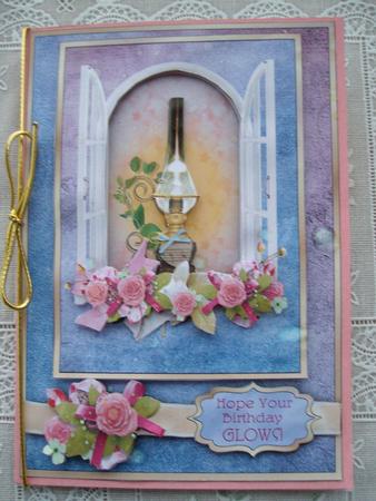 Lamplight, Window & Roses - Card Front with Decoupage by Margaret Mullan