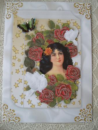 Vintage Lady in Frame of Roses with Doves on a Folded Book by Margaret Mullan