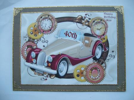 Red/cream Vintage Car in Steampunk Frame with Clocks A4 by Margaret Mullan