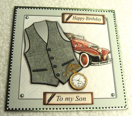 Male birthday card with green herringbone Harris Tweed waistcoat,pocket watch and vintage car topper for 6x6 card by Margaret Scott