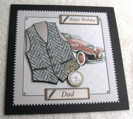 Male birthday card with brown herringbone Harris Tweed waistcoat,pocket watch and vintage car topper for 6x6 card by Margaret Scott