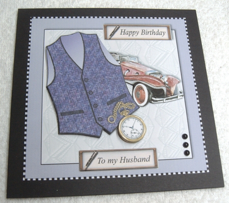 Male birthday card with purple herringbone Harris Tweed waistcoat,pocket watch and vintage car topper for 6x6 card by Margaret Scott