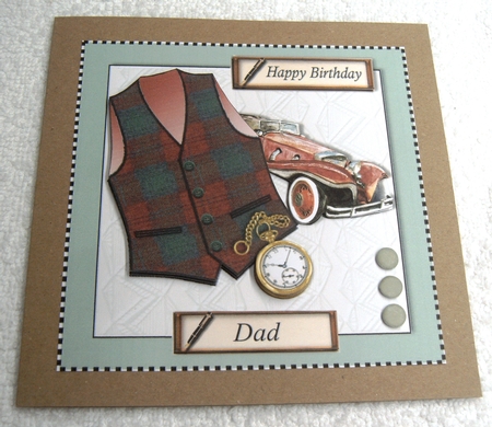 Male birthday card with red & green Harris tweed textured waistcoat,pocket watch and vintage car topper for 6x6 card by Margaret Scott