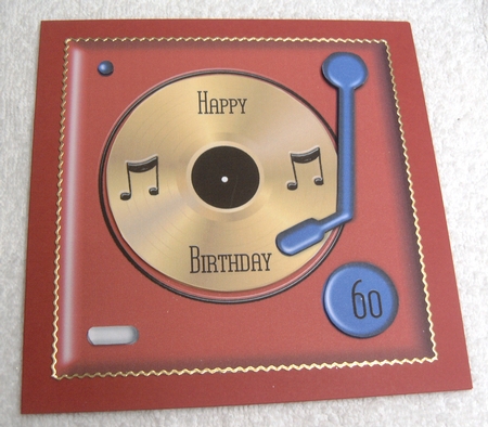 Unisex birthday card with gold disc and record turntable topper for 6x6 card by Margaret Scott
