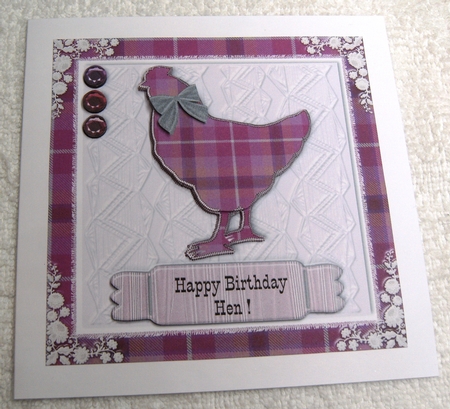 Happy birthday Hen Scottish pink and grey tartan card topper for 6x6 card by Margaret Scott