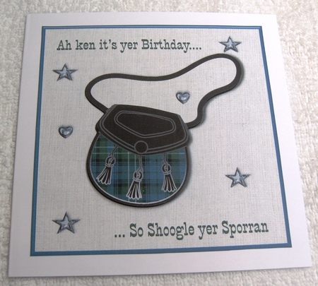 Male Scottish Sporran in blue and green tartan topper for 6x6 card by Margaret Scott