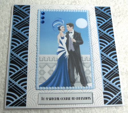 Art Deco couple Christmas card topper for 6x6 card in turquoise by Margaret Scott
