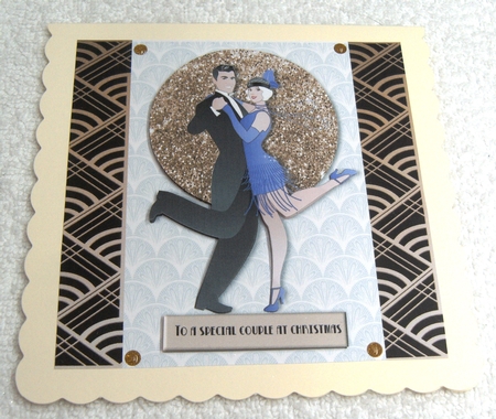 Art Deco Dancing couple Christmas card topper for 6x6 card in gold by Margaret Scott