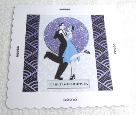 Art Deco Dancing couple Christmas card topper for 6x6 card in purple by Margaret Scott
