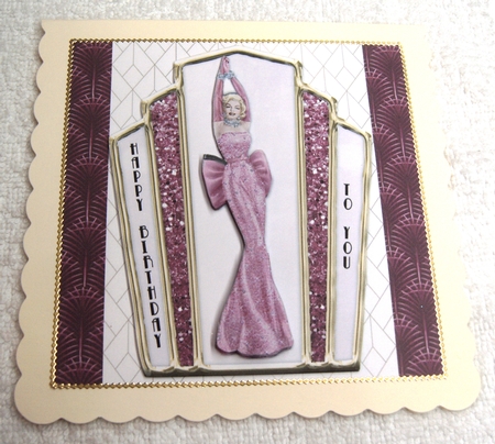 Art Deco female birthday card topper for 6x6 card with lady in pink gown. by Margaret Scott