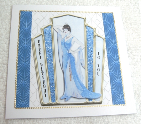 Art Deco female birthday card topper for 6x6 card with lady in blue gown. by Margaret Scott