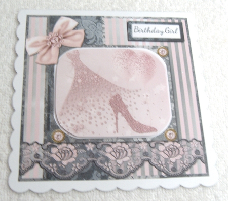 6 x 6 Card Front Pink Diamante Dress and Shoes Pink/Silver with Toppers and Sentiments by Margaret Scott
