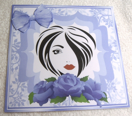 Pretty modern lady with lilac roses and bow 8x8 by Margaret Scott