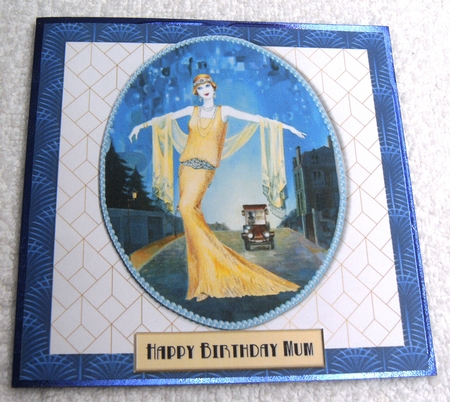 Art Deco female birthday card topper for 6x6 card with lady in yellow gown by Margaret Scott