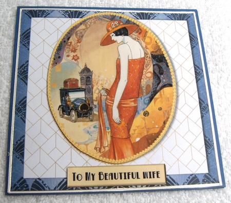 Art Deco female birthday card topper for 6x6 card with lady in orange dress by Margaret Scott