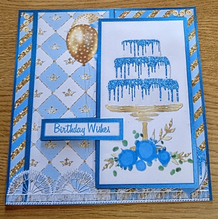 6 x 6 Card Front Blue/White Cake/Balloons with Toppers and Sentiments Blue/Gold by Margaret Scott