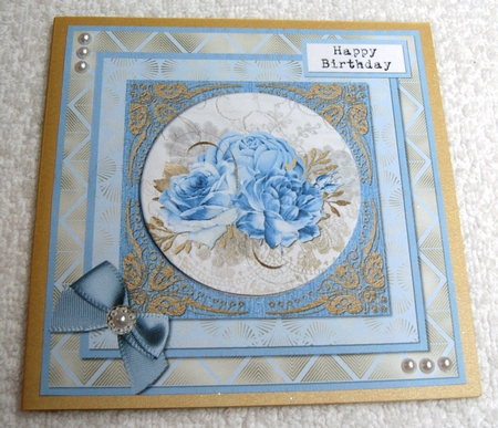 6 x 6 Card Front Blue/Gold Roses with Toppers and Sentiments by Margaret Scott