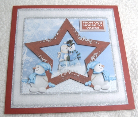 Christmas star and snowmen red  7 x 7inches by Margaret Scott