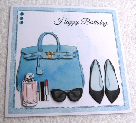 Breakfast at Tiffanys inspired flower and perfume card topper for 6x6 card by Margaret Scott