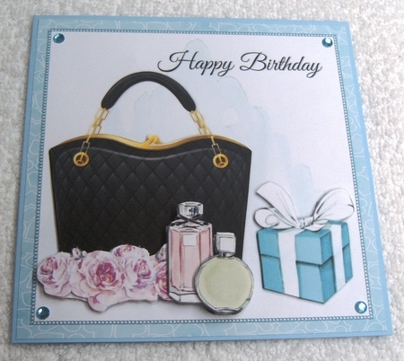 Breakfast at Tiffanys inspired flower and perfume card topper for 6x6 card by Margaret Scott