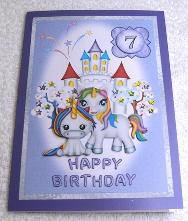 Birthday Unicorns 2 - A5 card front with decoupage by Margaret Scott